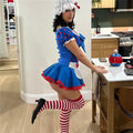 VacationGrabs Women Polka Dot Ragdoll Cosplay Outfit Short Dress with Matching Hat and Striped Stockings Halloween Party Maid Costume