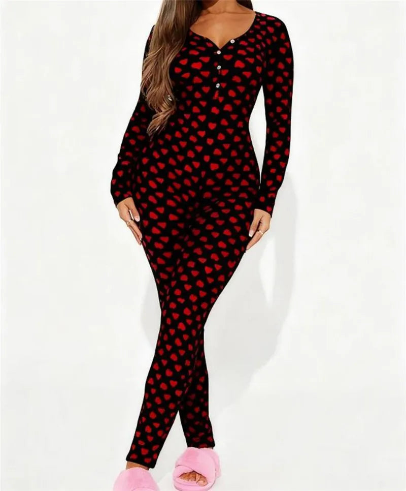 VacationGrabs Women Valentines Sexy Heart Print Long Sleeve Slim Fit Romper Pajamas Holiday Bodycon Button Up Jumpsuit Cute Pjs