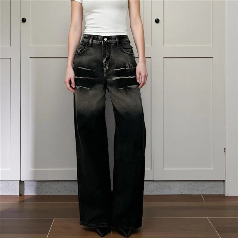 VacationGrabs Women Water Washed Denim Pants Low Rise Retro Gradient Loose Straight Leg Jeans with Pockets Vintage Streetwear