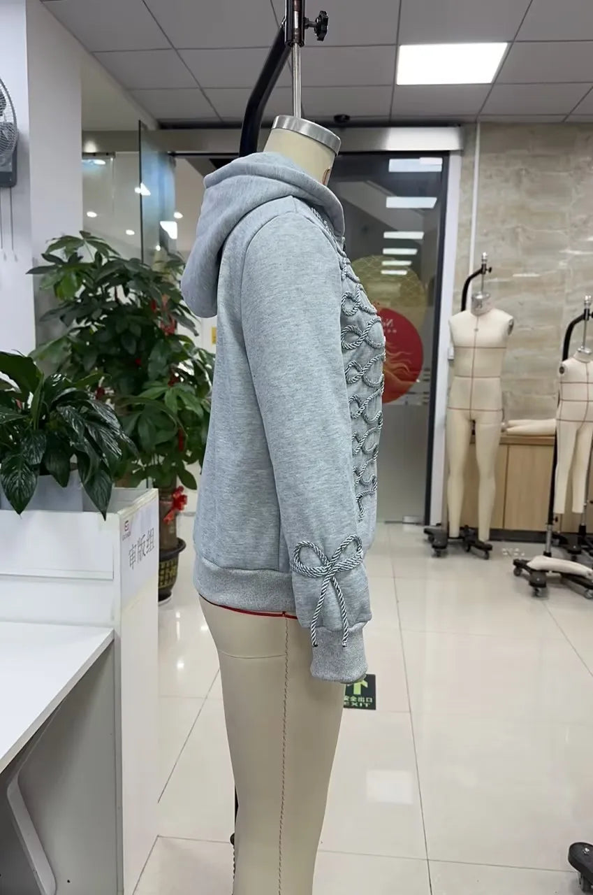 VacationGrabs Y2K Women Structured Shoulder Zip Hoodie 3D Rope Embroidery Braid Trim Jacket Street Fashion Casual Winter Hooded Coat