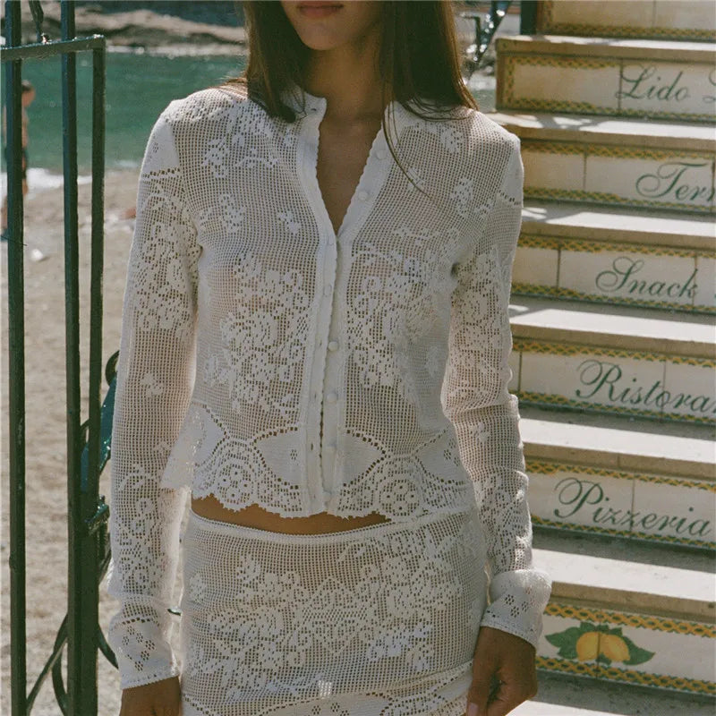 VacationGrabs Hollow Floral Lace Women Cropped Cardigan Stand Collar Long Sleeve Button Sheer See Through Cover Up Casual Beach Tops