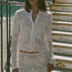 VacationGrabs Hollow Floral Lace Women Cropped Cardigan Stand Collar Long Sleeve Button Sheer See Through Cover Up Casual Beach Tops