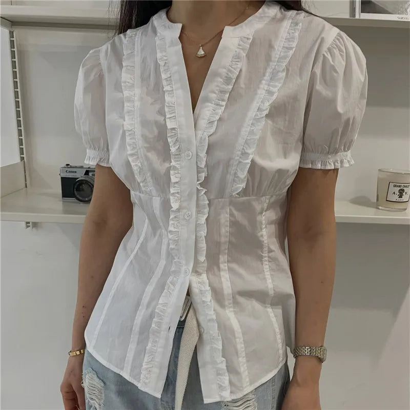 VacationGrabs Women White Ruffle Blouse Stand V Neck Puff Short Sleeve Slim Fit Button Shirt Elegant Vintage Corset Line Casual Top