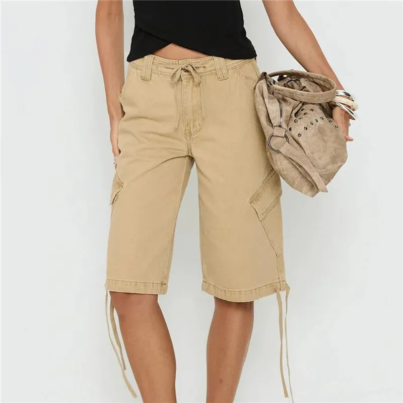 VacationGrabs Women's Y2K Low Waist Cargo Bermuda Shorts Drawstring Tie Hem Knee Length Pants with Pockets Casual Loose Fit Streetwear