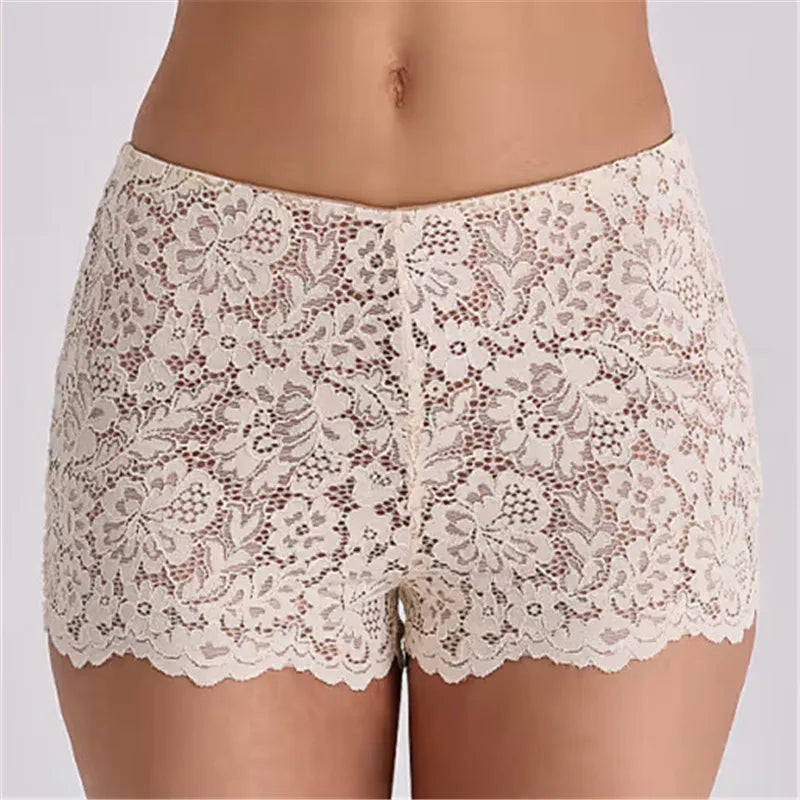 VacationGrabs Women Floral Lace High Waist Boyshort Panties Sheer Mesh Scallop Trim Anti-Exposure Underwear Casual Daily Lingerie