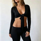 VacationGrabs Y2K Women Deep V Neck Front Tie Knot Crop Top Long Sleeve Slim Fit Solid Cropped Blouse Casual Street Going Out Top
