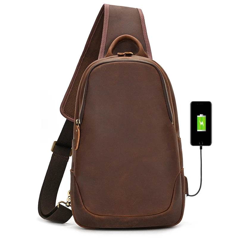 Men’s Leather Chest Bag with USB Cable Crossbody Outdoor Bag - VacationGrabs