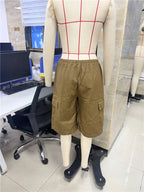 VacationGrabs Women's Knee Length Cargo Shorts Elastic Drawstring Waist Loose Fit Bermuda Capris with Pockets Casual Streetwear Summer