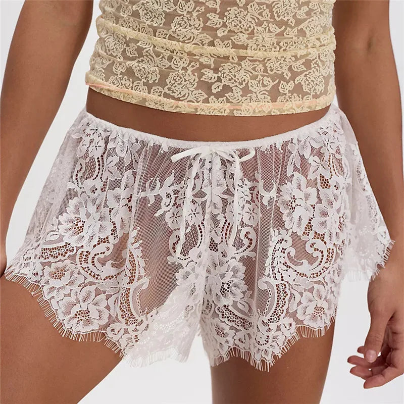 VacationGrabs Women’s Solid Color Lace See Through Shorts Casual Elastic Waist Wide Leg Lingerie Shorts Summer Lounge Bottoms