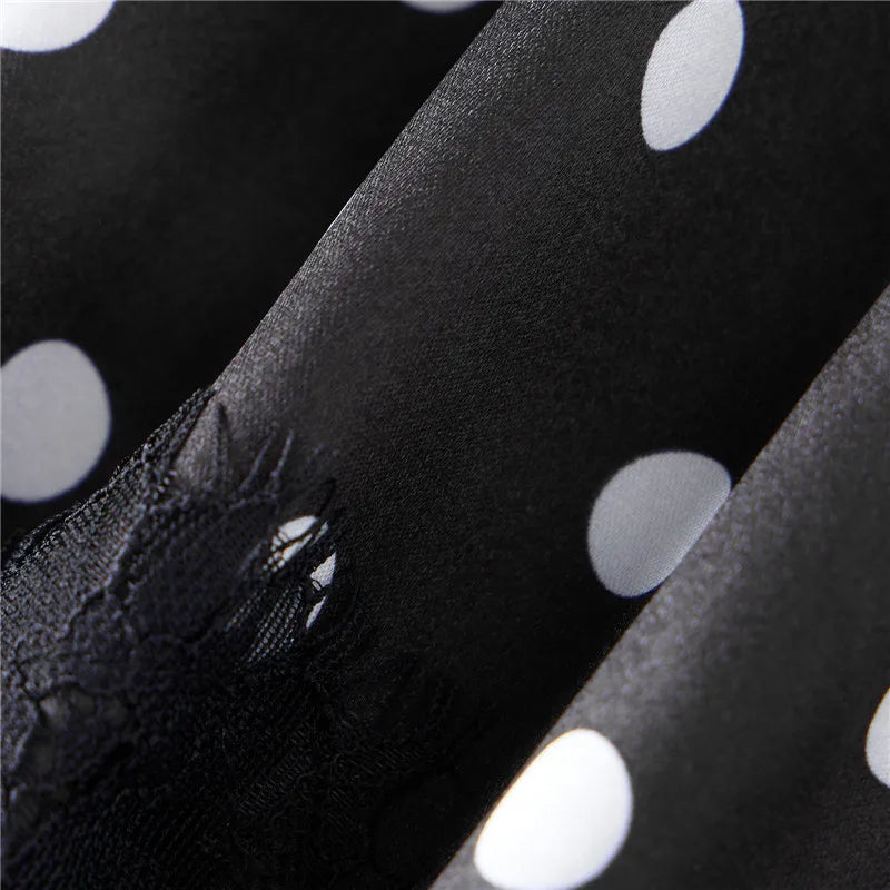 VacationGrabs Coquette Polka Dot Satin Lounge Shorts Women Eyelash Lace Hem Drawstring High Waist Loose Cute Halloween Pajama Bottoms