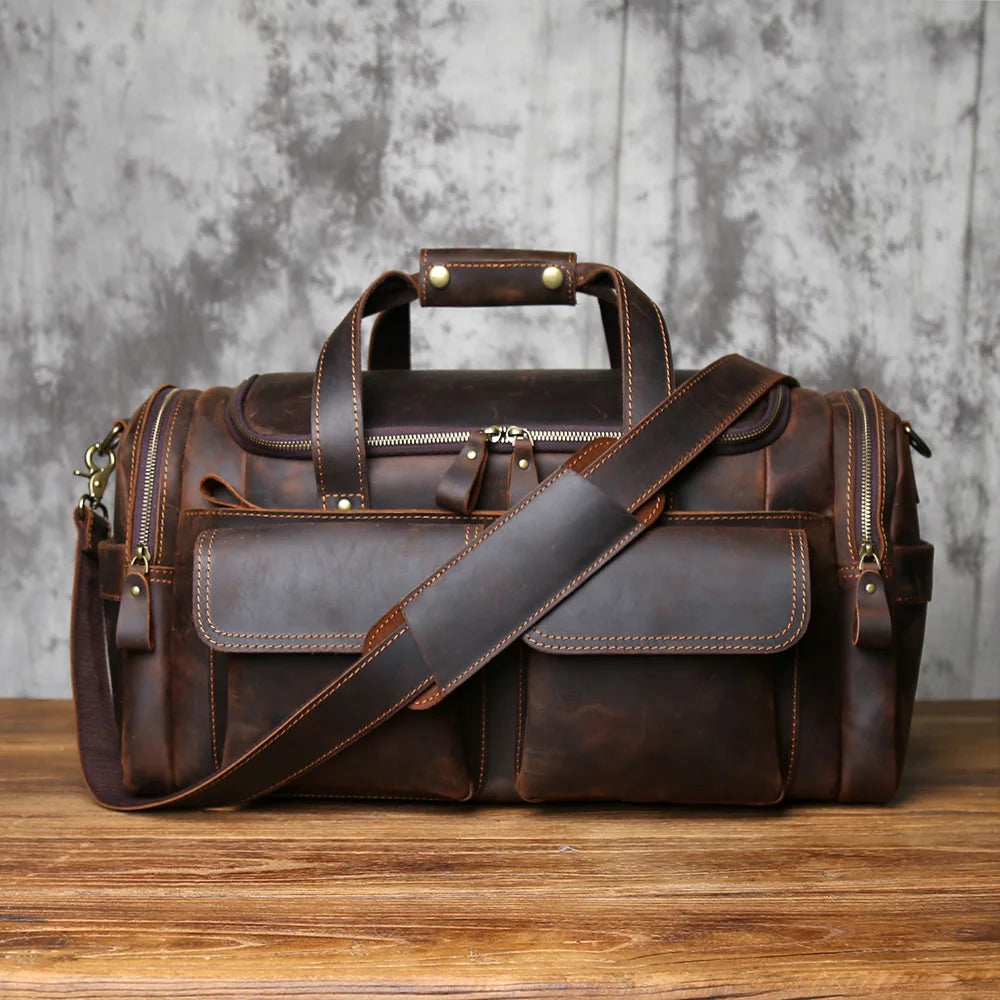 Men's Vintage Genuine Leather Travel Duffel Bag – Large Capacity Weekender