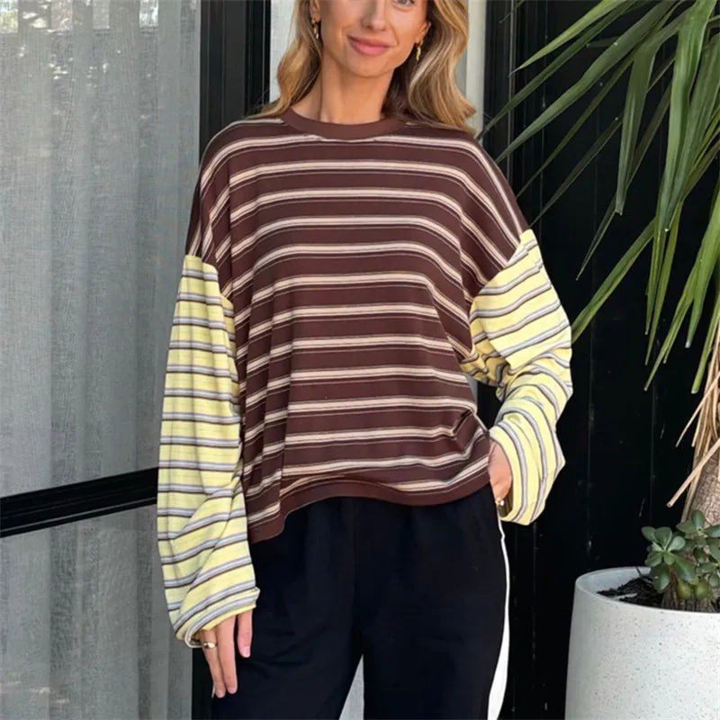 VacationGrabs Women Patchwork Striped Long Sleeve T‑Shirt Crew Neck Oversized Drop Shoulder Cropped Loose Casual Street Top