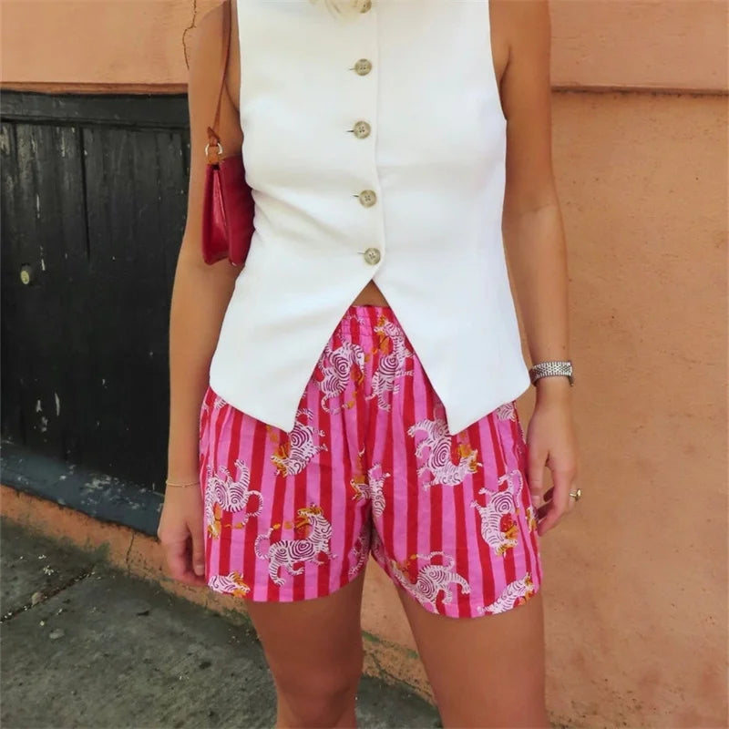 VacationGrabs Women's Summer Casual Shorts Stripe Floral/Stripe Animal Print Elastic Waist Straight Leg Loose Short Pants
