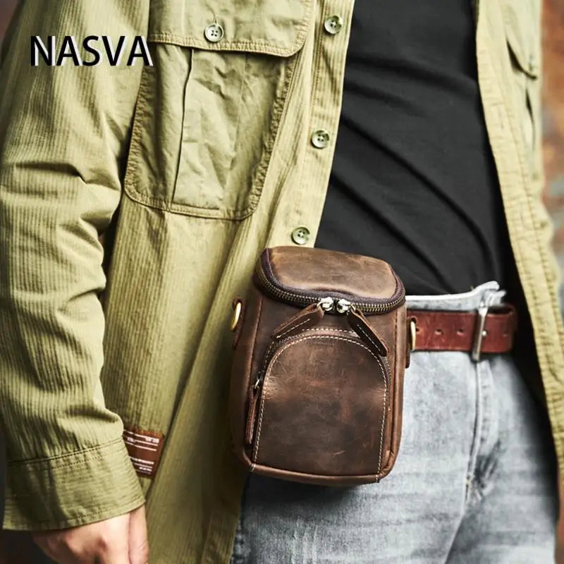 NASVA Genuine Leather Men's Waist Bag Vintage Small Satchel Shoulder Crossbody Bag Mobile Phone Bag