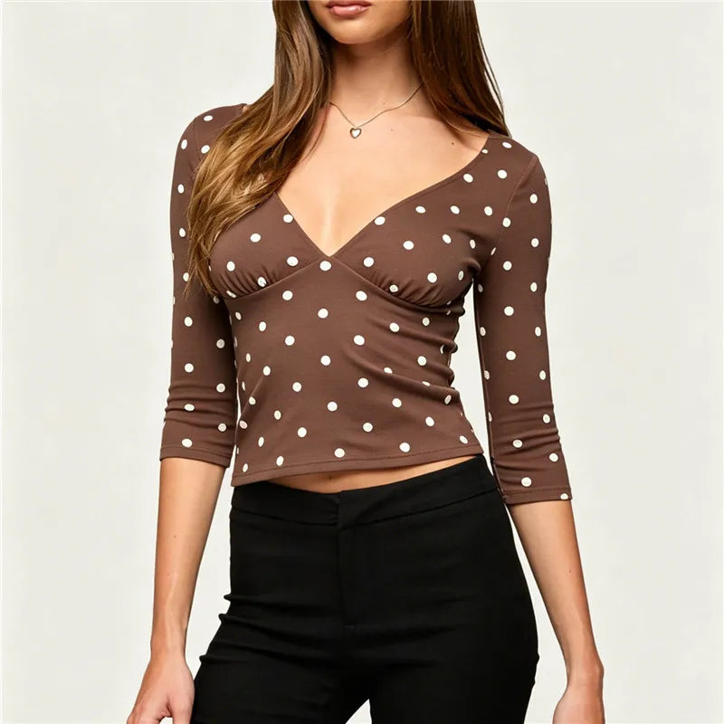 VacationGrabs Women Vintage Polka Dot Crop Top Deep V 3/4 Sleeve Wrap Bust Slim Fitted Short T Shirt Retro Casual Y2K Basic Blouse