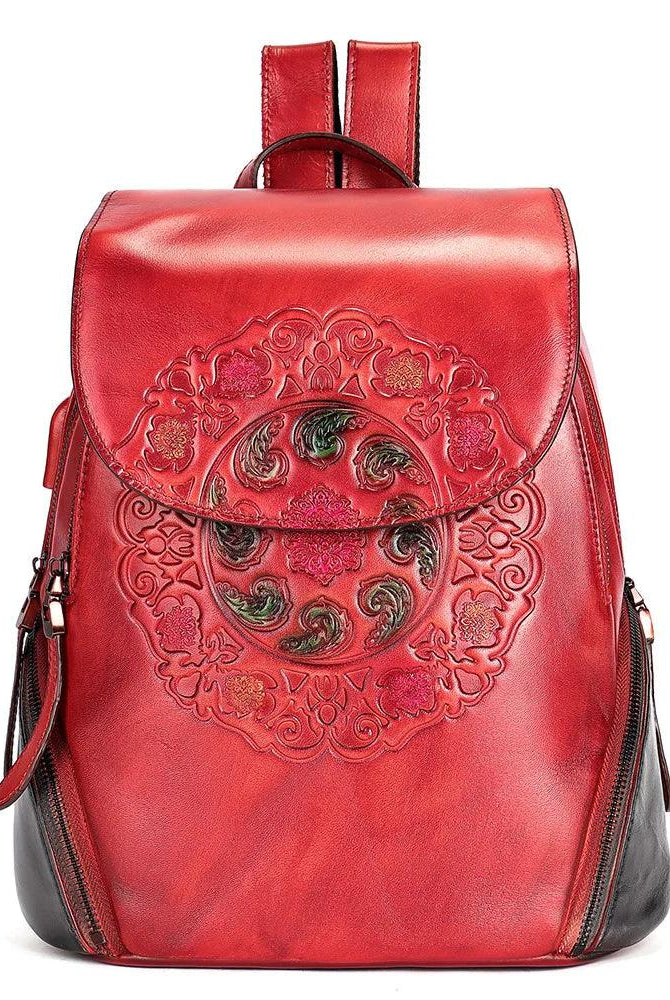  Retro Embossed Floral Backpack For Women Genuine Leather