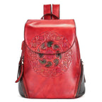 Retro Embossed Floral Backpack For Women Genuine Leather - VacationGrabs