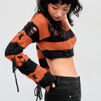VacationGrabs Y2K Punk Distressed Striped Crop Knit Sweater Women Cross Lace Up Side Long Sleeve Ripped Hole Gothic Streetwear Top