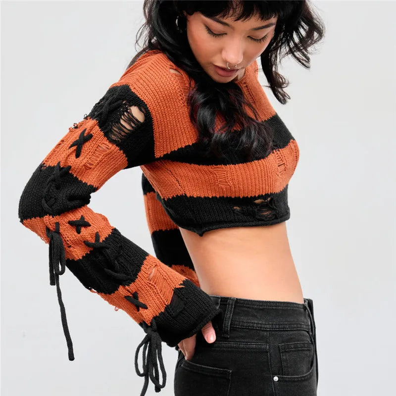 VacationGrabs Y2K Punk Distressed Striped Crop Knit Sweater Women Cross Lace Up Side Long Sleeve Ripped Hole Gothic Streetwear Top
