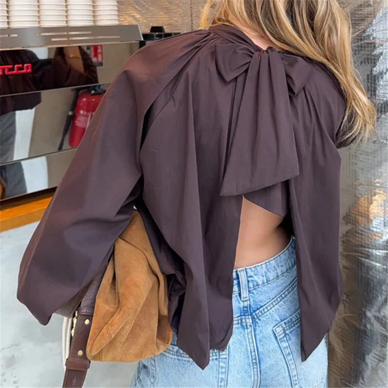 VacationGrabs Women Backless Bow Tie Blouse Stand Collar Puff Long Sleeve Pleated Loose Cropped Shirt Solid Casual Daily Going Out Top