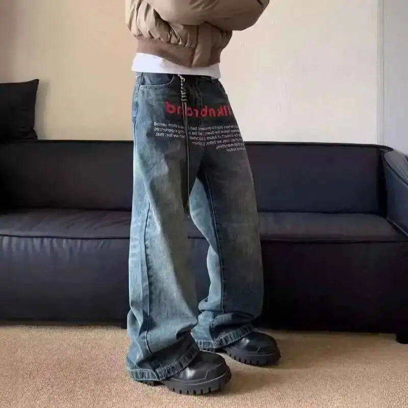 Vintage Baggy Letter Print Wide Leg Jeans for Men & Women