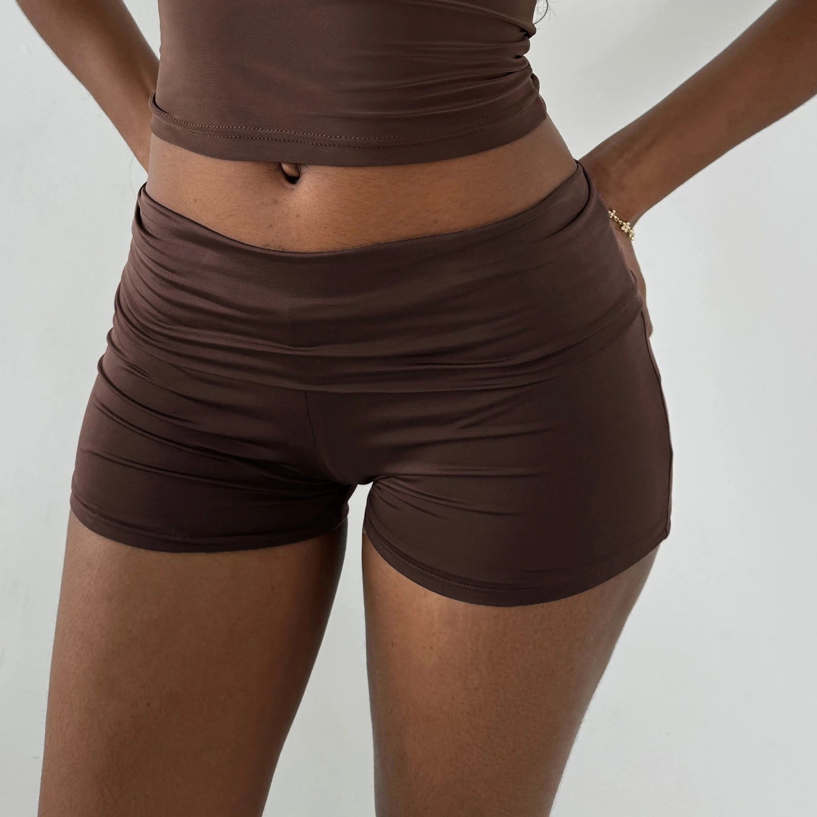 VacationGrabs Women's Summer Y2K Fold Over Shorts Solid Color Low Waist Ruched Bodycon Short Pants Workout Fittness Yoga Shorts