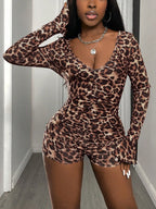 Women's Leopard Print Deep V Jumpsuit with Bell Cuff Sleeves