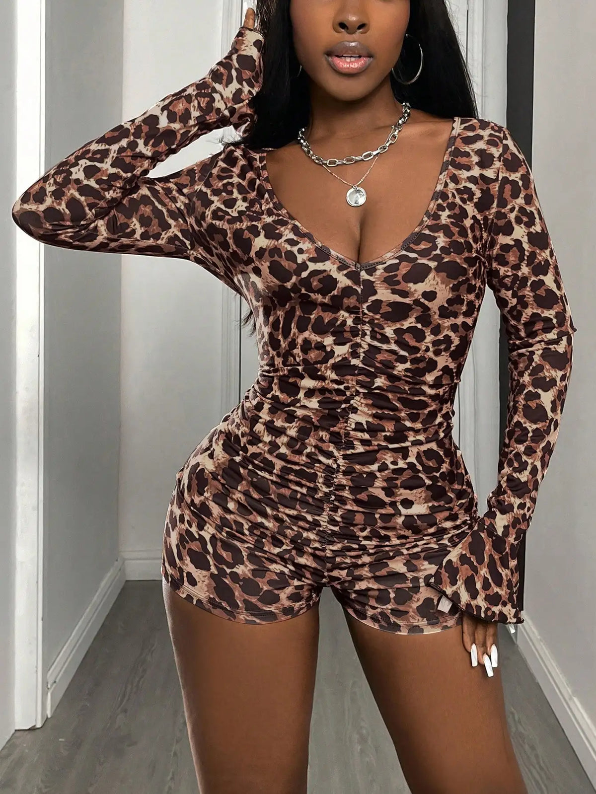 Women's Leopard Print Deep V Jumpsuit with Bell Cuff Sleeves