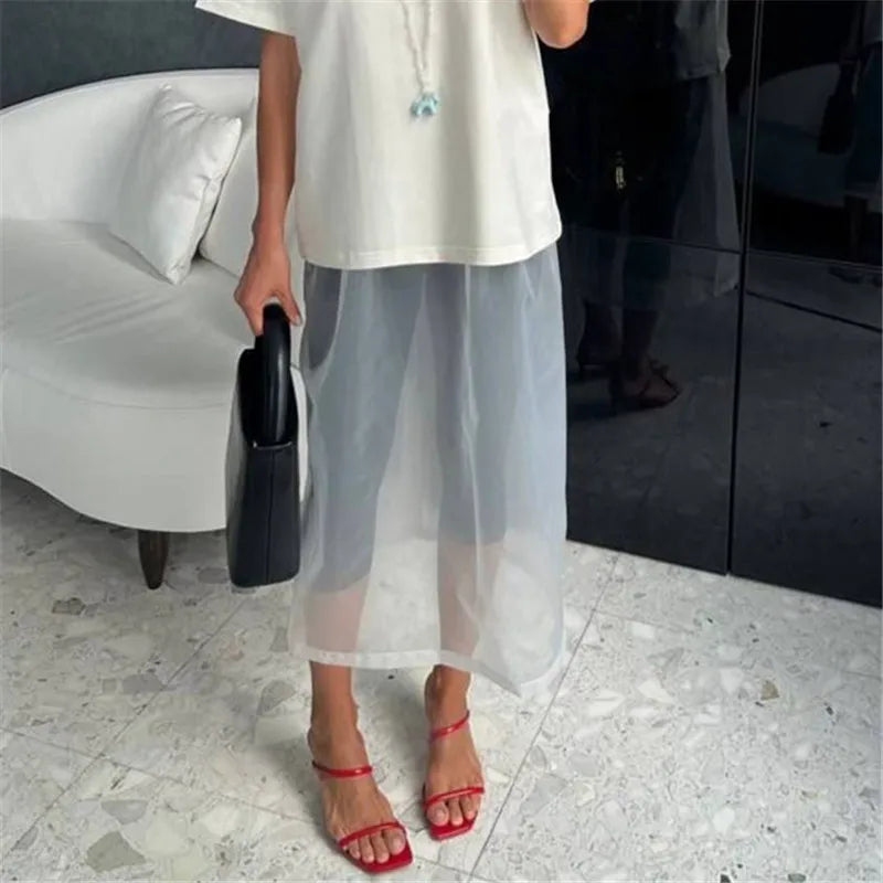 VacationGrabs Women Minimalist Sheer Mesh Layering Midi Skirt Transparent See-Through Trimmed Hem Versatile Overlay Skirt CasualOffice