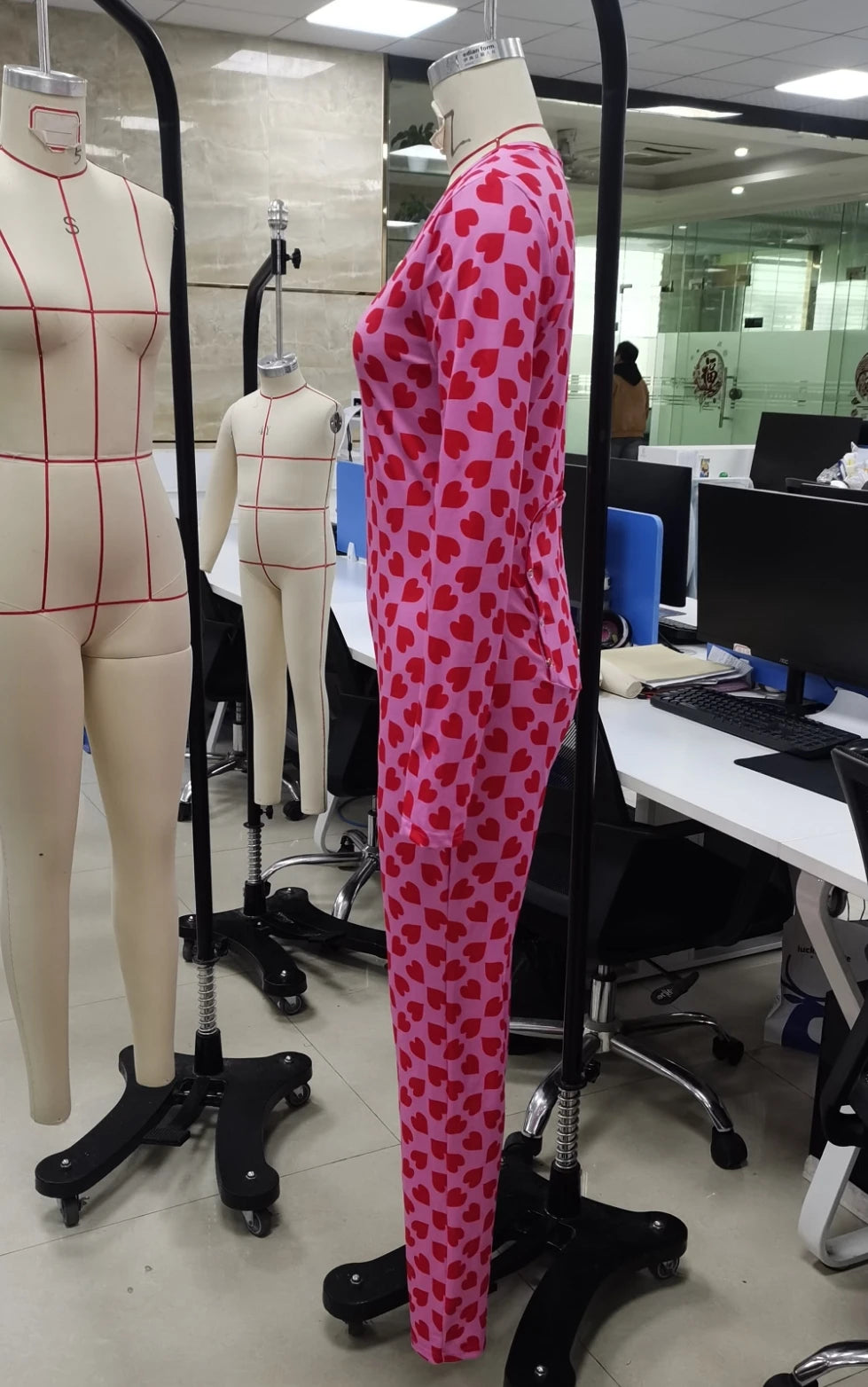 VacationGrabs Women Valentines Sexy Heart Print Long Sleeve Slim Fit Romper Pajamas Holiday Bodycon Button Up Jumpsuit Cute Pjs