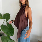 VacationGrabs Women Satin Halter Tops Sexy Backless Asymmetrical Tops Sleeveless Lace Up Back Silk Tank Top Going Out Shirt