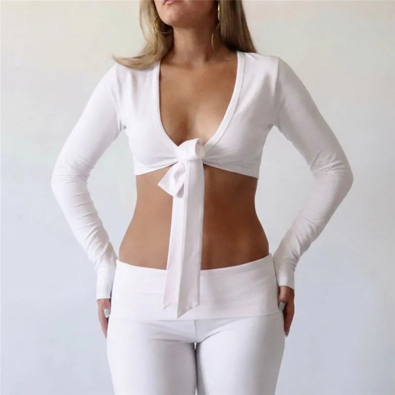 VacationGrabs Y2K Women Deep V Neck Front Tie Knot Crop Top Long Sleeve Slim Fit Solid Cropped Blouse Casual Street Going Out Top