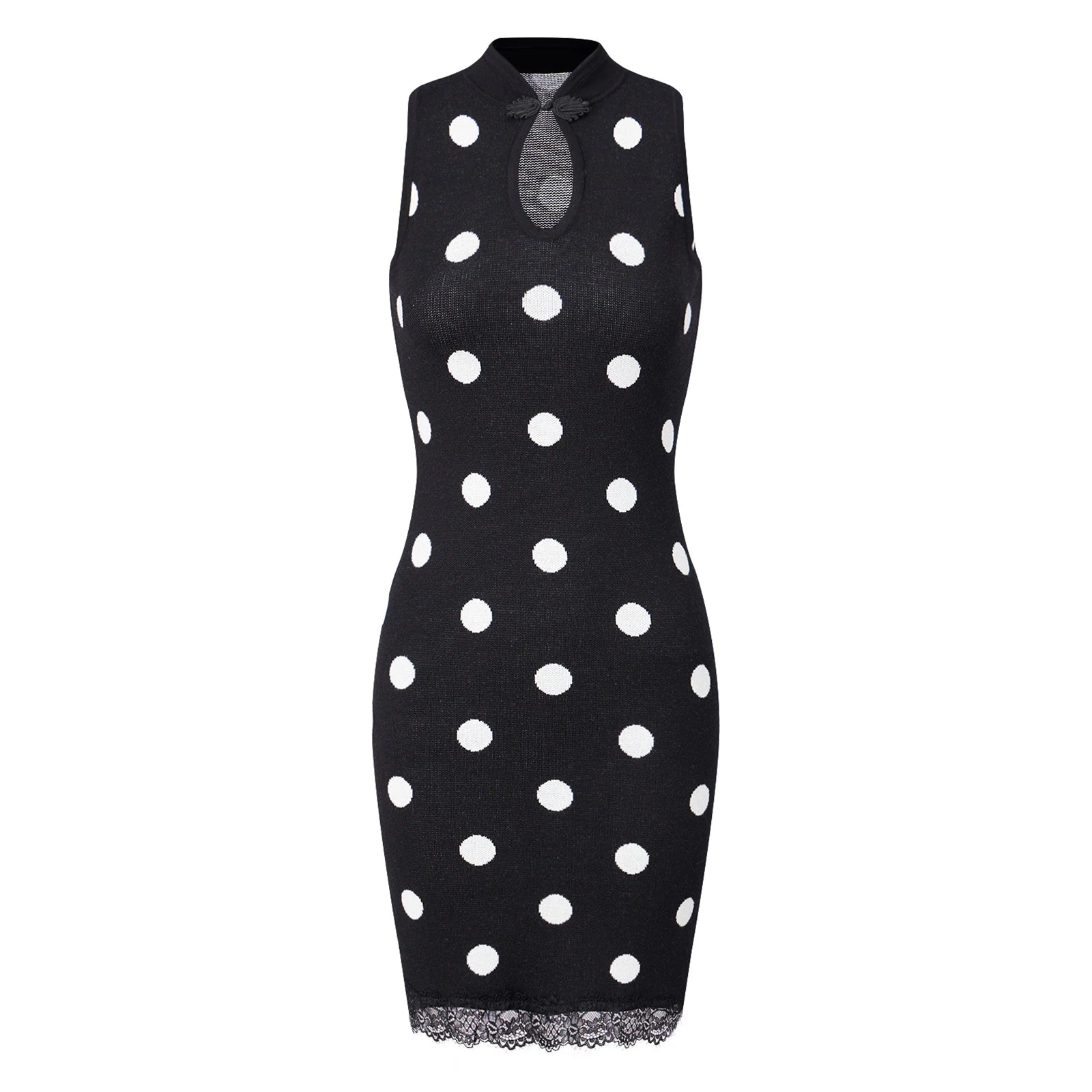 VacationGrabs Knit Polka Dot Bodycon Mini Dress Women Sleeveless Halter Qipao Collar Keyhole Cutout Lace Hem Slim Short Pencil Dress