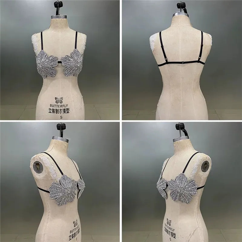 VacationGrabs Handmade Women Sexy Carnival Festival Bralette Outfit Female Rhinestone Embellished Top Flora Crystal Bra Top Party Club