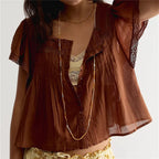 VacationGrabs Women Boho Square Neck Lace Blouse Puff Short Sleeve Button Front Pleated Loose Cropped Shirt Vintage Cottage Summer Top