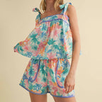 Women FLoral Tie Shoulder Pajamas Set 2 Piece Casual Outfits Sleeveless Tie up Flower Tops Shorts Cute Beach Set