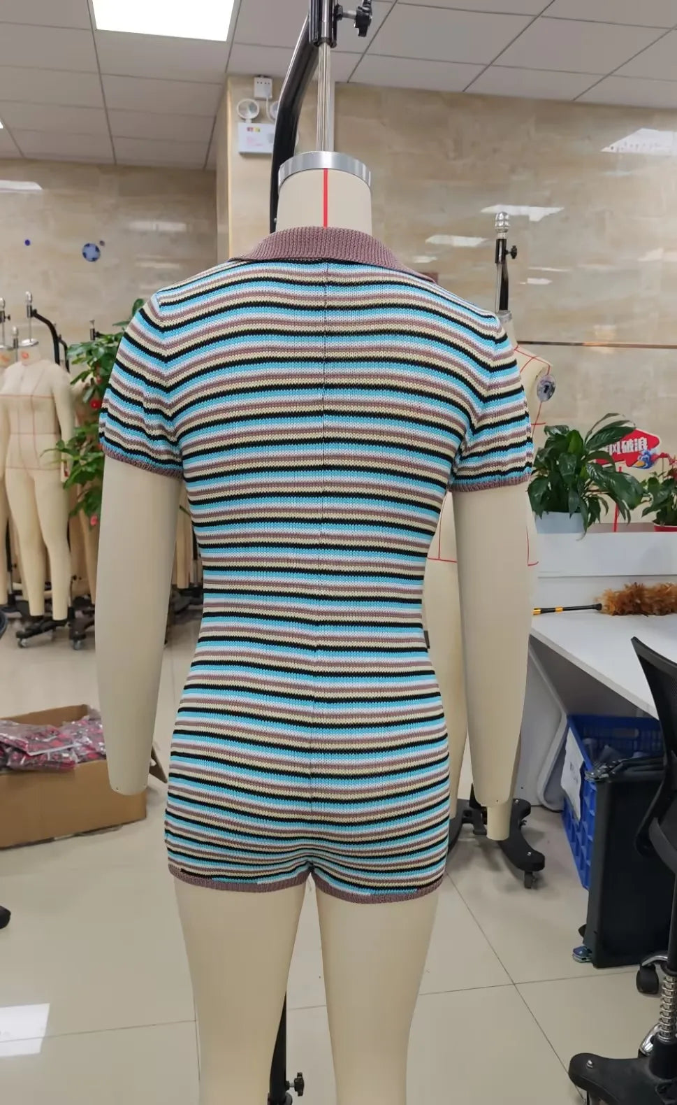 VacationGrabs Preppy Striped Knit Romper Turn Down Collar Short Sleeve Button Front Deep V Bodycon Playsuit Y2K Holiday Streetwear