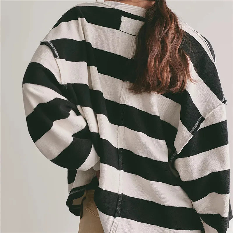 VacationGrabs Oversized Striped V Neck Raw Hem Cropped Sweatshirt Women Loose Long Sleeve Pullover Winter Autumn Casual Streetwear