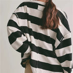 VacationGrabs Oversized Striped V Neck Raw Hem Cropped Sweatshirt Women Loose Long Sleeve Pullover Winter Autumn Casual Streetwear