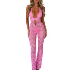 VacationGrabs Women Sexy See Through Long Pant Jumpsuit Chic Deep V Neck Floral Lace Romper Cut Out Mesh Outfits Playsuit Streetwear
