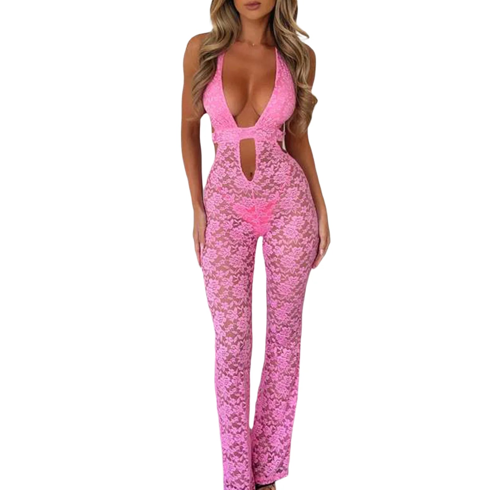 VacationGrabs Women Sexy See Through Long Pant Jumpsuit Chic Deep V Neck Floral Lace Romper Cut Out Mesh Outfits Playsuit Streetwear