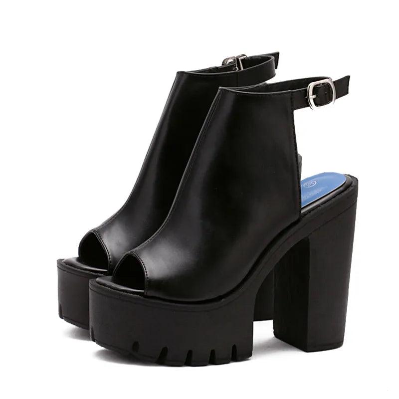 Women's Shoes - Heels Platform Block High Heels Black Peep Toe Slingbacks