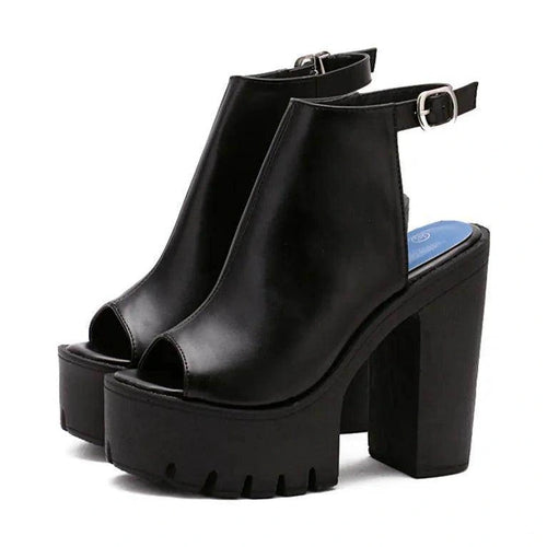 Platform Block High Heels Black Peep Toe Slingbacks - VacationGrabs