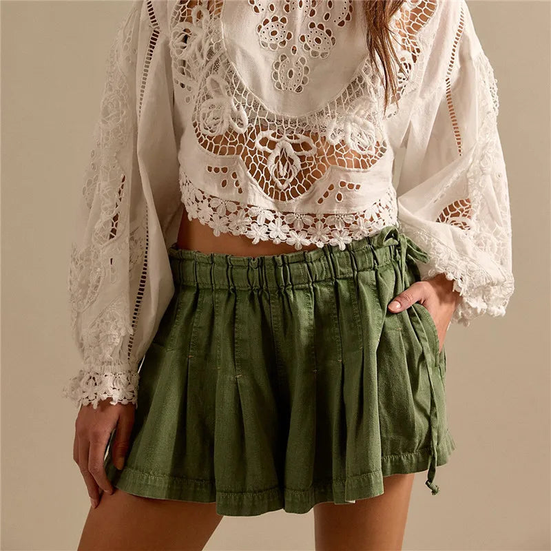 VacationGrabs Women Y2K Retro Pleated Denim Shorts High Waist Elastic Waist Wide Leg Casual Shorts with Drawstring Pockets Streetwear