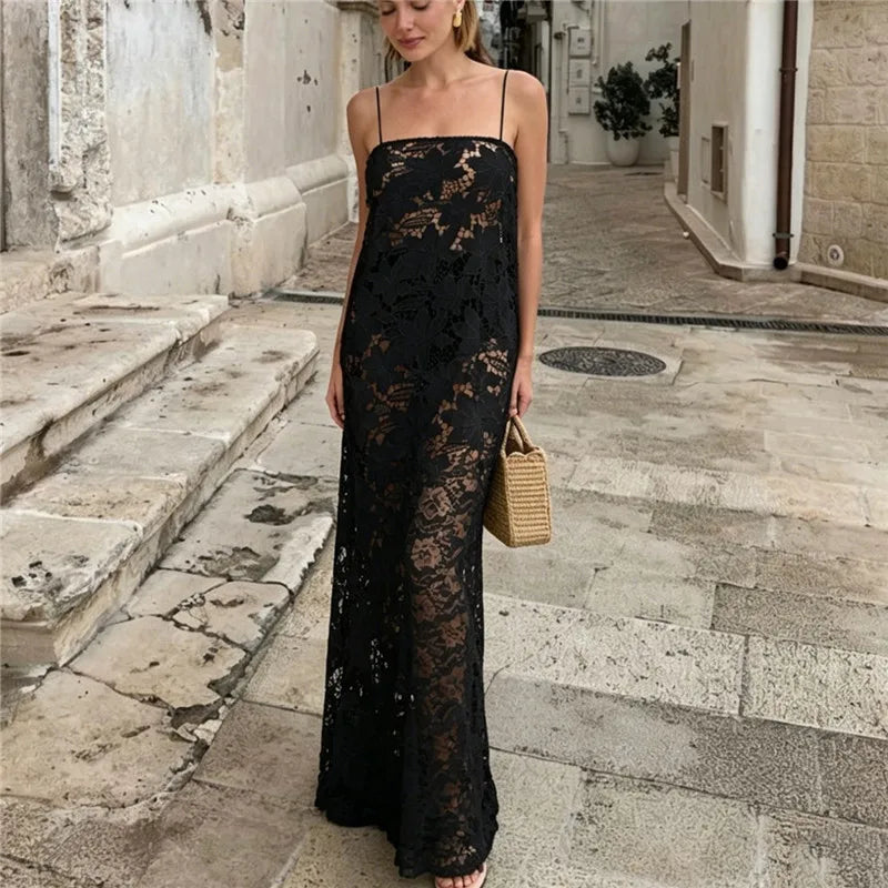 Women Hollow Out Floral Lace Maxi Dress Spaghetti Strap Sheer Long Sundress See Through Beach Cover Up for Summer Vacation