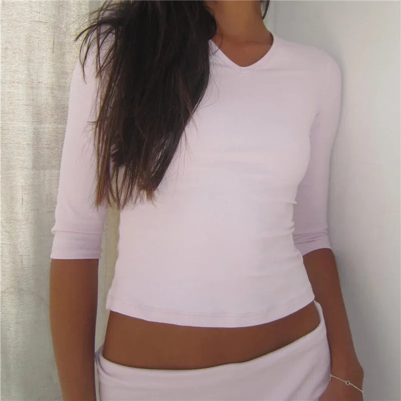 VacationGrabs Y2K Women Solid V Neck 3/4 Sleeve Cropped Top Stretchy Slim Fitted Basic T Shirt Casual Daily Short Blouse Spring Autumn