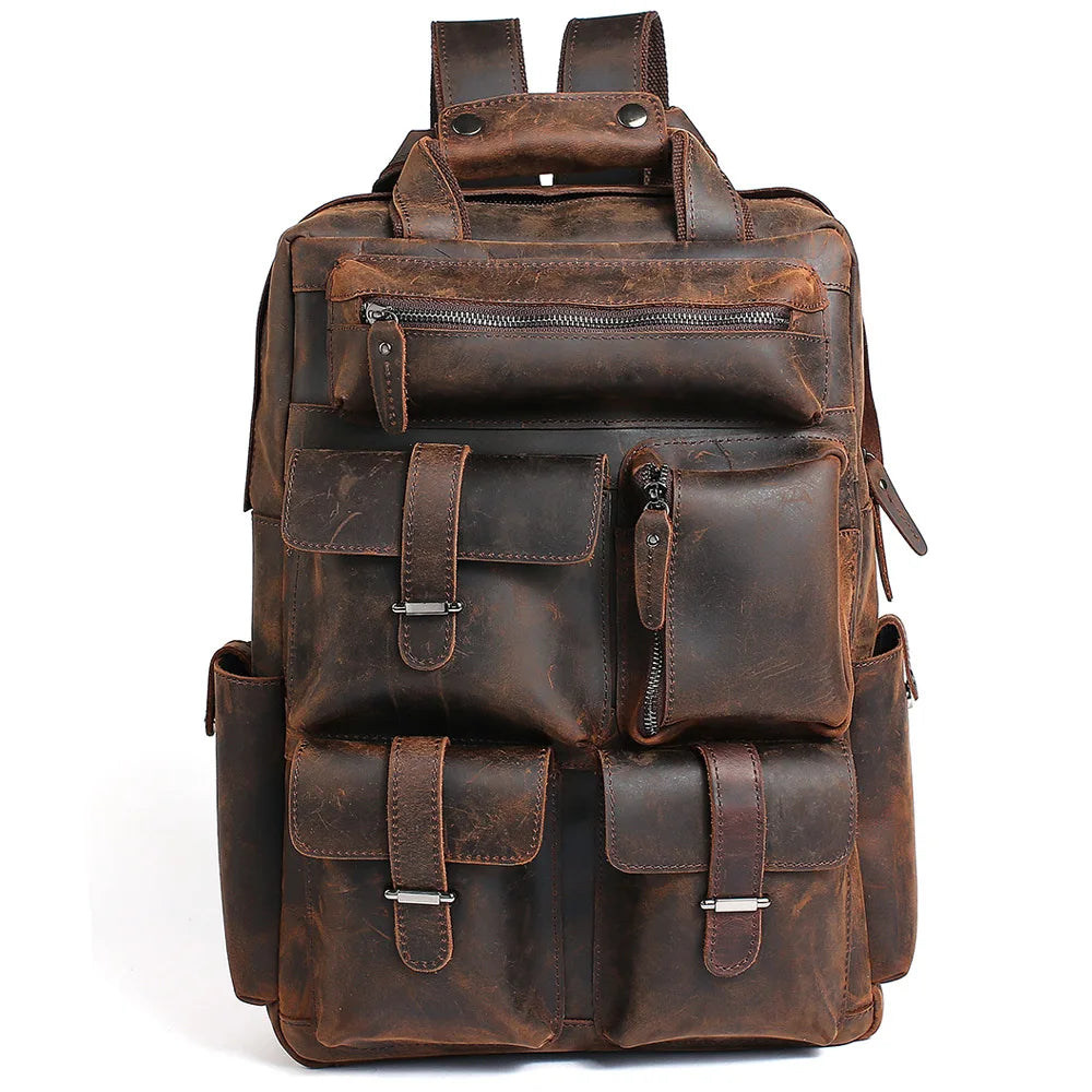 Frenzy Horsehide Men's Double-Shoulder Backpack, Cowhide Outdoor Travel Backpack, Men's Genuine Leather Double-Shoulder Bag