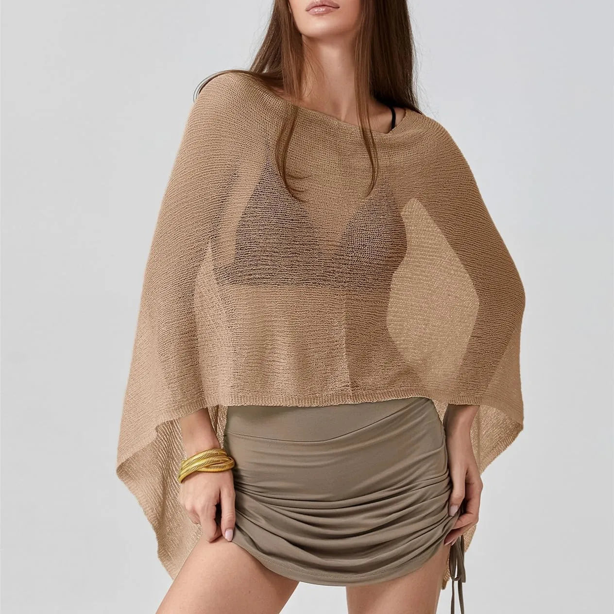 VacationGrabs Sheer Knitted Beach Poncho Cover Up for Women Lightweight Ponchos Capes Stylish Beachwear Swimwear Shawl Wraps