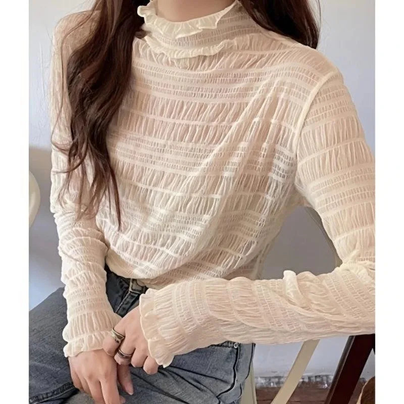 Floral Lace Layering Shirt Long Sleeve See Thru Mesh