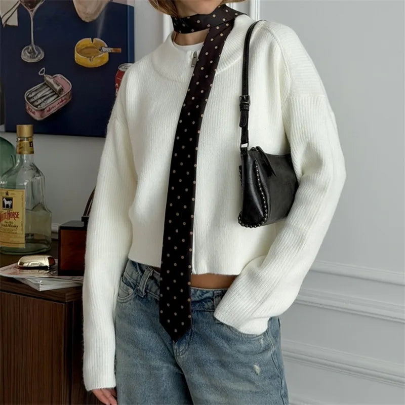 VacationGrabs Women Ribbed Knit Cropped Zip Up Cardigan Crew Neck Double Zipper Long Sleeve Loose Fuzzy Sweater Jacket for Winter